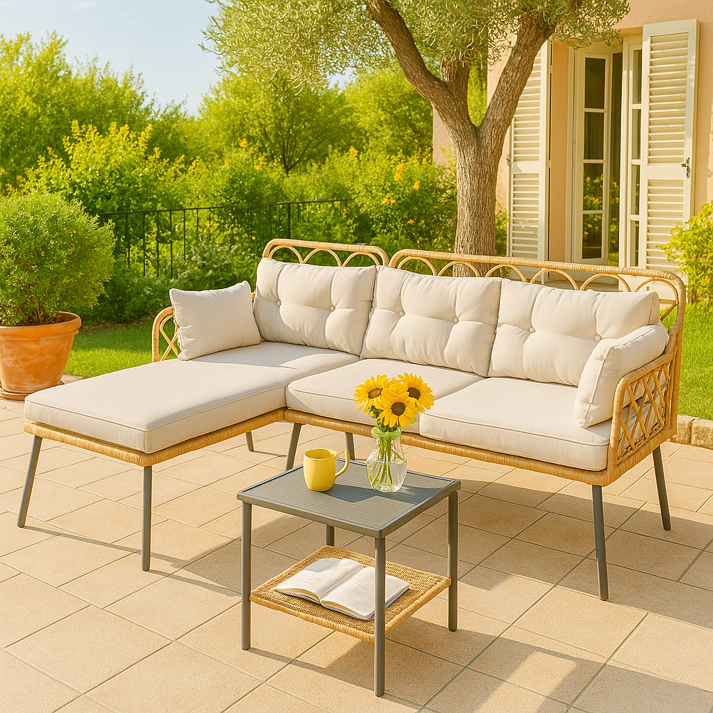 Create a stylish and cosy lounge space with the Solvanna™ 3-piece patio furniture set. Designed for relaxation and conversation, it features a loveseat, a chaise lounge, and a two-tier coffee table — all finished in natural light brown PE rattan and paired with thick beige cushions.
