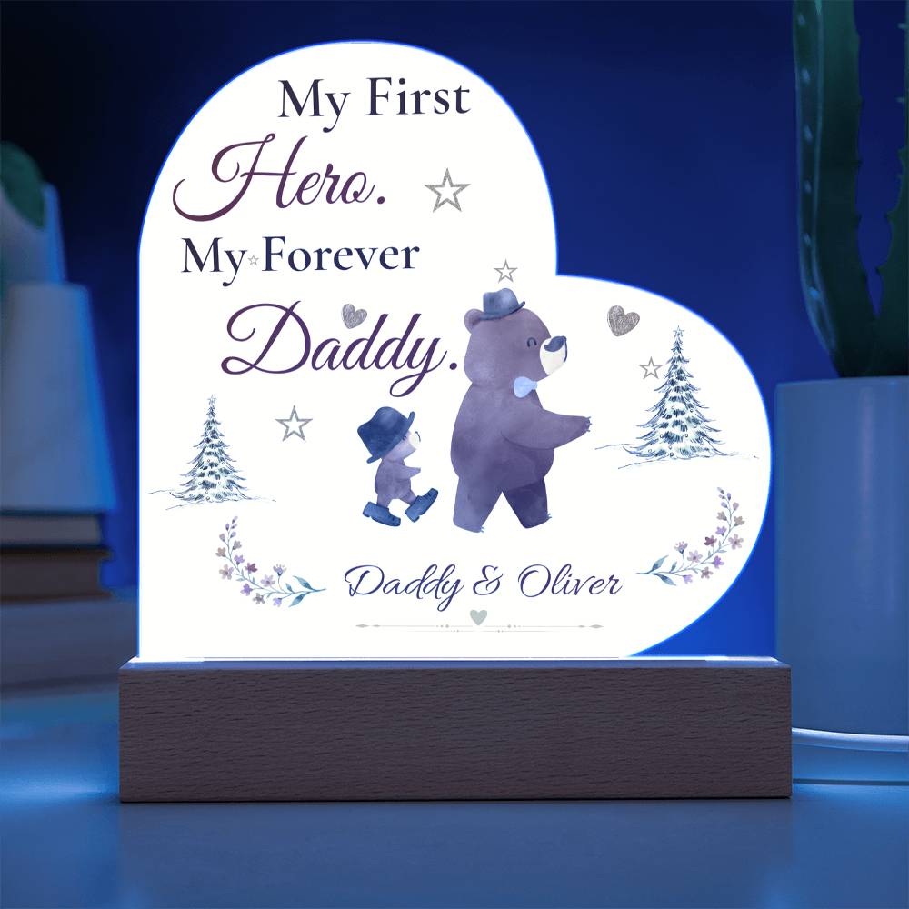 My First Hero My Forever Daddy Heart Plaque, Dad and Son Gift, Father’s Day Keepsake, Bear Design LED Acrylic Memorial Decor for Dad