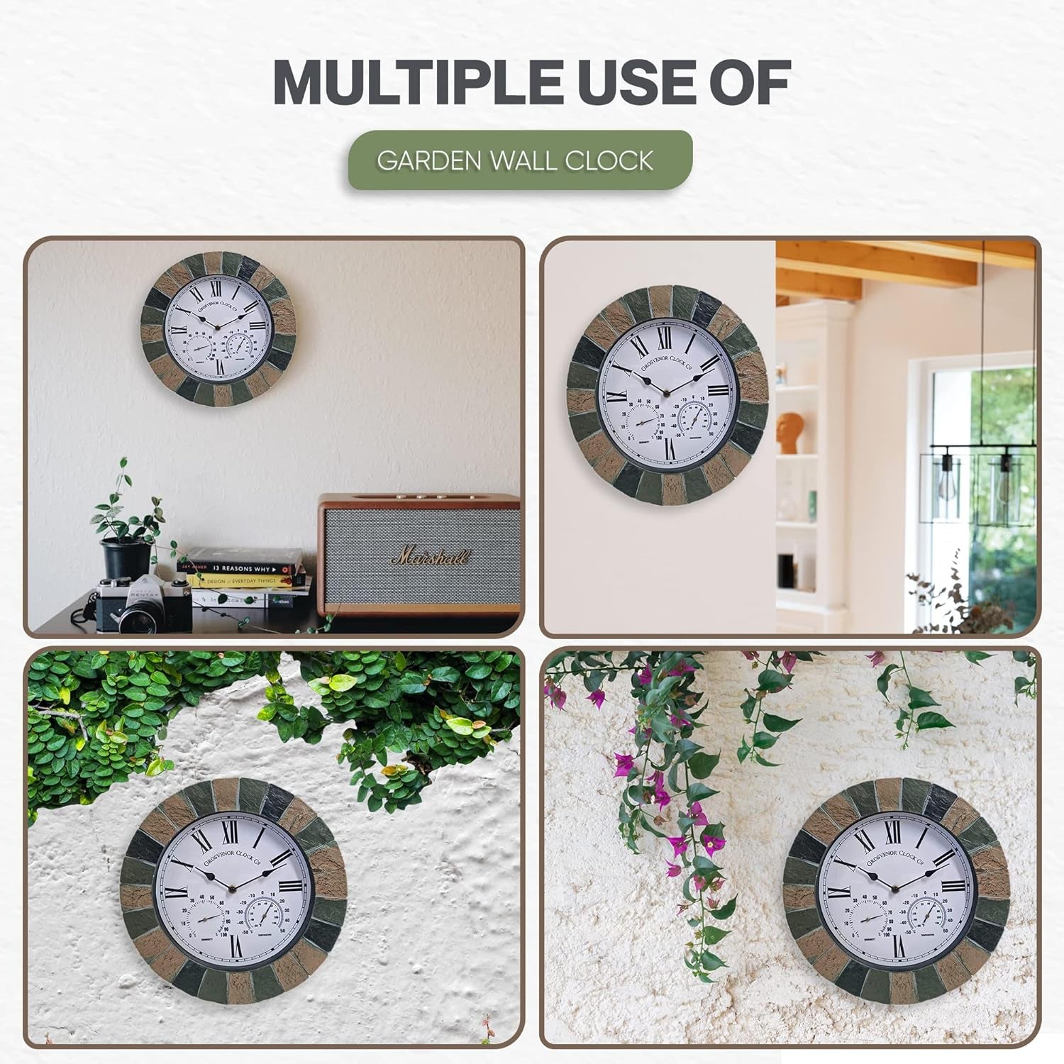 SLATE EFFECT GARDEN WALL CLOCK & THERMOMETER & HUMIDITY INDOOR OUTDOOR