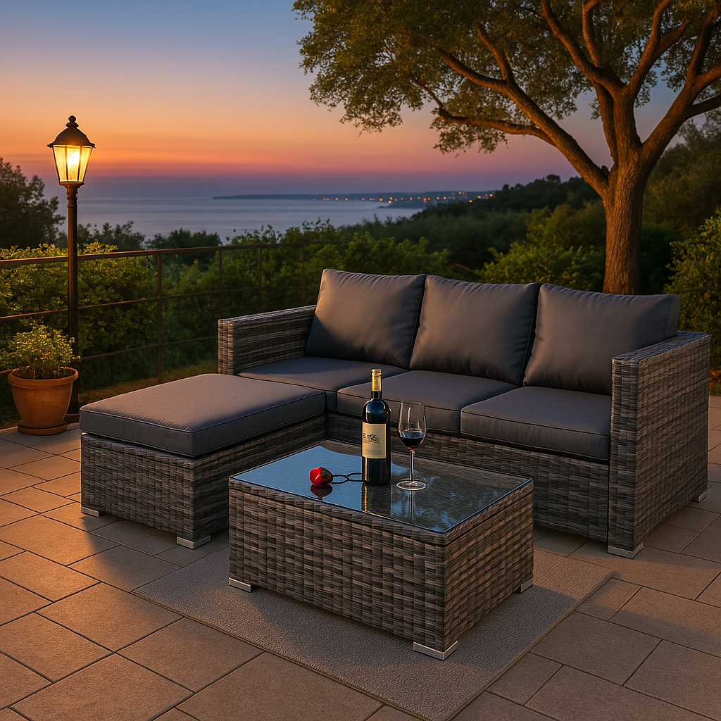 4 Seater Grey Rattan Garden Corner Sofa Set with Coffee Table & Cushions