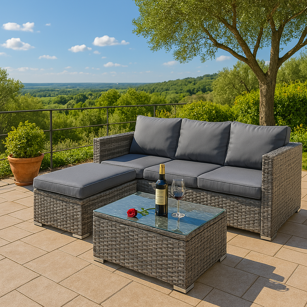 4 Seater Grey Rattan Garden Corner Sofa Set with Coffee Table & Cushions