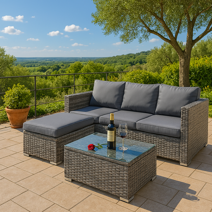 4 Seater Grey Rattan Garden Corner Sofa Set with Coffee Table & Cushions