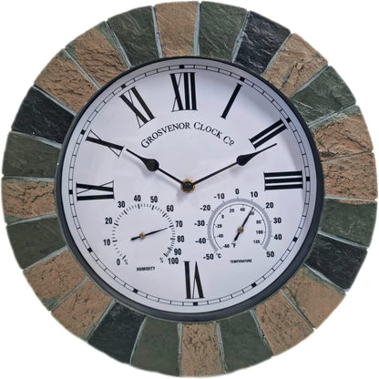 SLATE EFFECT GARDEN WALL CLOCK & THERMOMETER & HUMIDITY INDOOR OUTDOOR