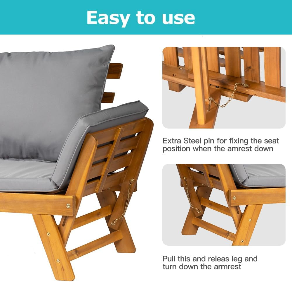 Acacia Wood Convertible Couch Sofa Bed with Adjustable Armrest Folding Daybed Collapsible Chaise Lounge with Cushion Pillow Outdoor Loveseat for Garden Patio Poolside (Grey)