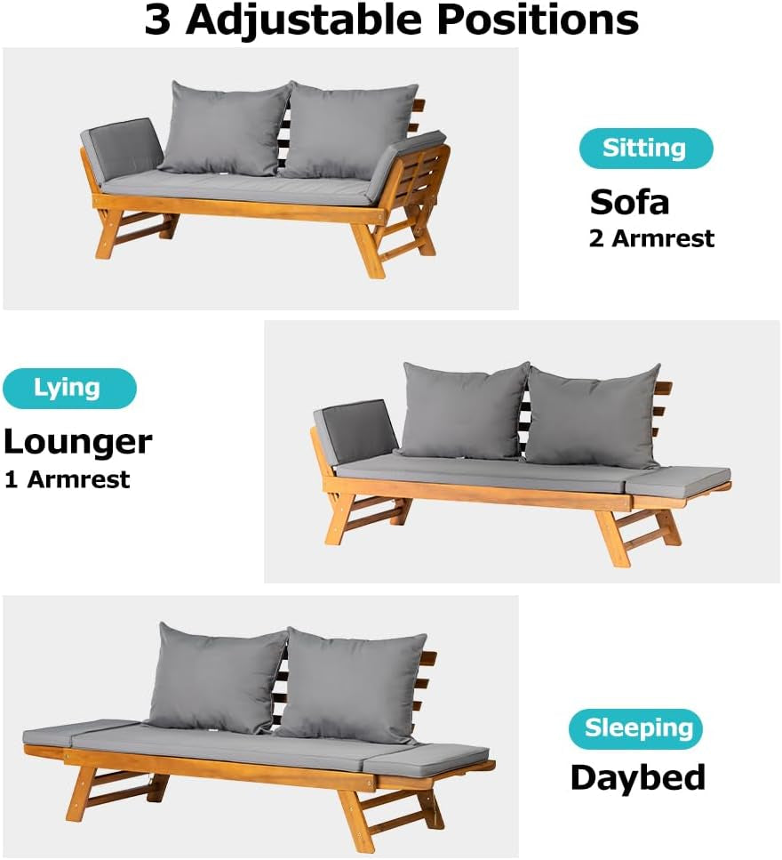 Acacia Wood Convertible Couch Sofa Bed with Adjustable Armrest Folding Daybed Collapsible Chaise Lounge with Cushion Pillow Outdoor Loveseat for Garden Patio Poolside (Grey)