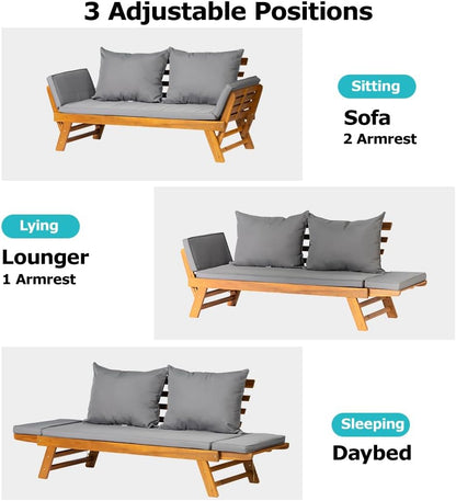 Acacia Wood Convertible Couch Sofa Bed with Adjustable Armrest Folding Daybed Collapsible Chaise Lounge with Cushion Pillow Outdoor Loveseat for Garden Patio Poolside (Grey)