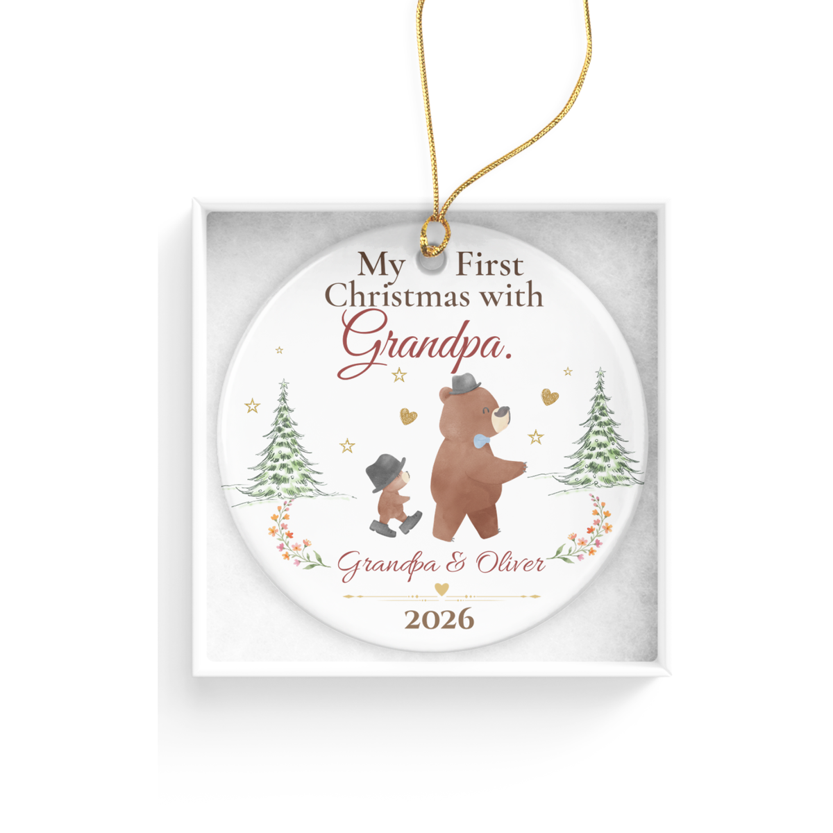 Personalized First Christmas with Grandpa Ornament, Grandson Bear Keepsake