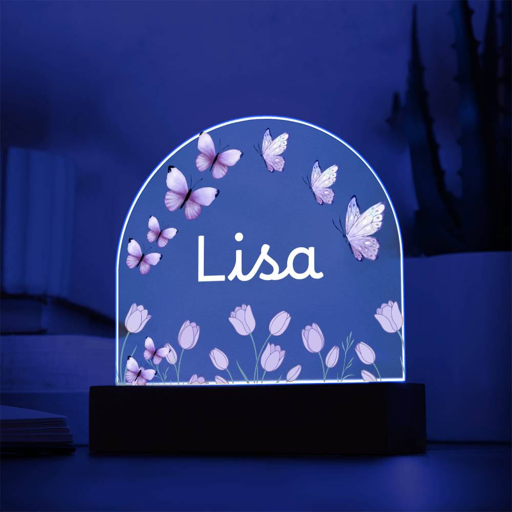 Personalized Butterfly Acrylic Plaque with LED Base, Pink Floral Name Sign, Lisa Gift for Her, Bedroom and Home Decor Display Light