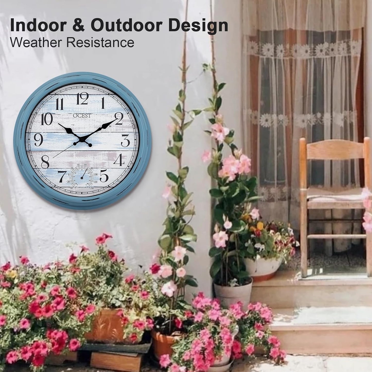 16 Inch Garden Clocks Outdoor Waterproof, Large Wall Clock with Thermometer, Silent Non-Ticking Battery Operated Decor for Patio Pool Porch Garden