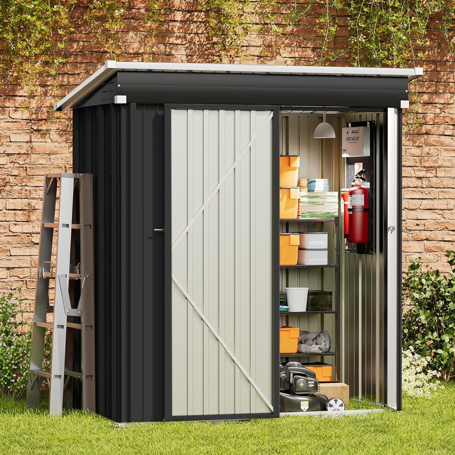 Metal Garden Storage Shed 5X3 Ft, Small Storage Shed 162X92X182 Cm, Outdoor Bikeshed Waterproof with Lockable Door for Winter, Backyard, Patio, Garbage Bin, Tools, Black