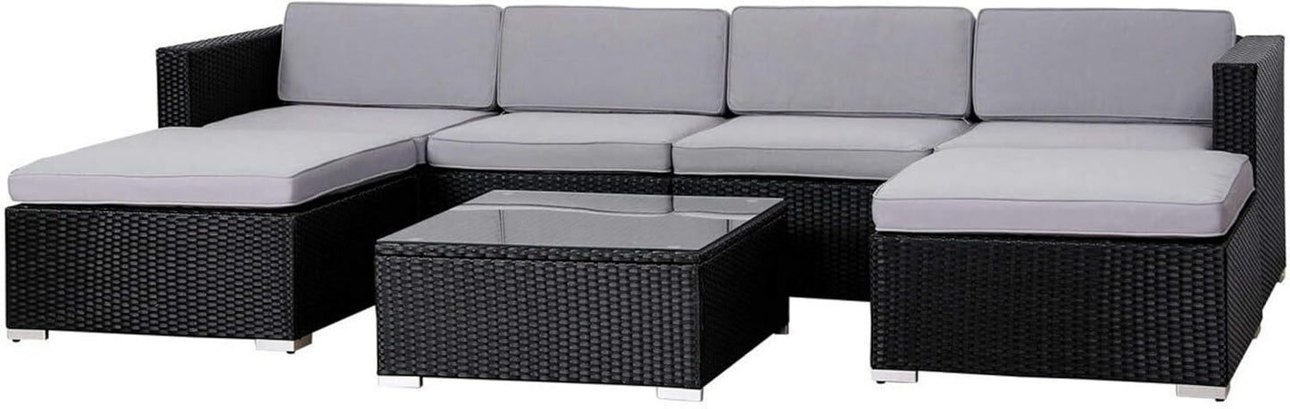 6 Seater Black Rattan Garden Corner Sofa Set with Coffee Table & Cushions – Outdoor Modular Lounge Set – Nevado™