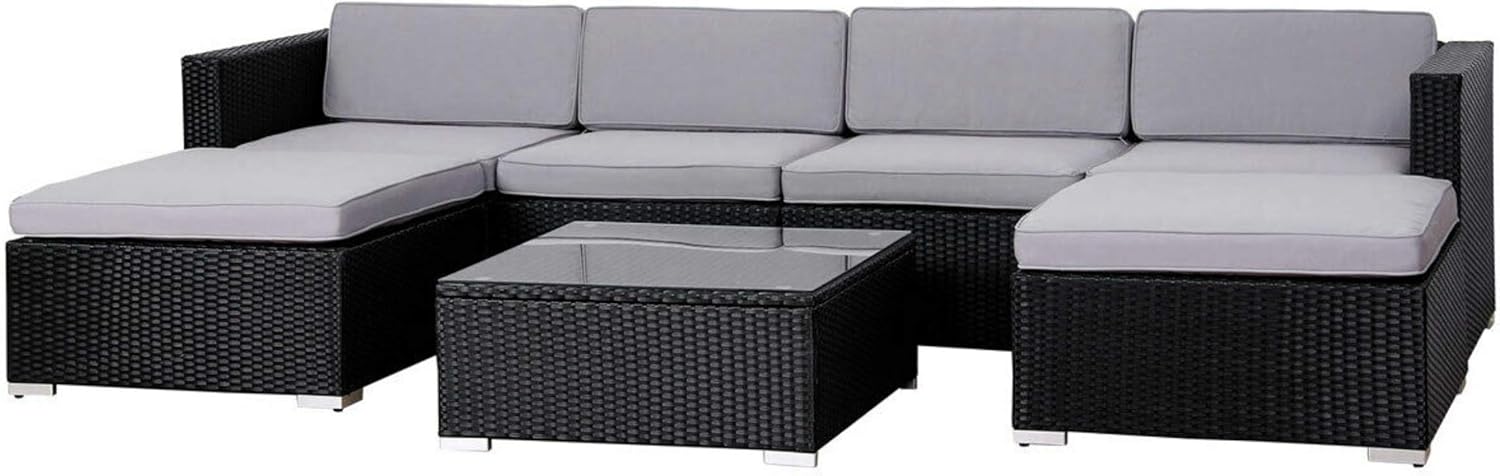 6 Seater Black Rattan Garden Corner Sofa Set with Coffee Table & Cushions – Outdoor Modular Lounge Set – Nevado™