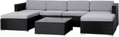 6 Seater Black Rattan Garden Corner Sofa Set with Coffee Table & Cushions – Outdoor Modular Lounge Set – Nevado™