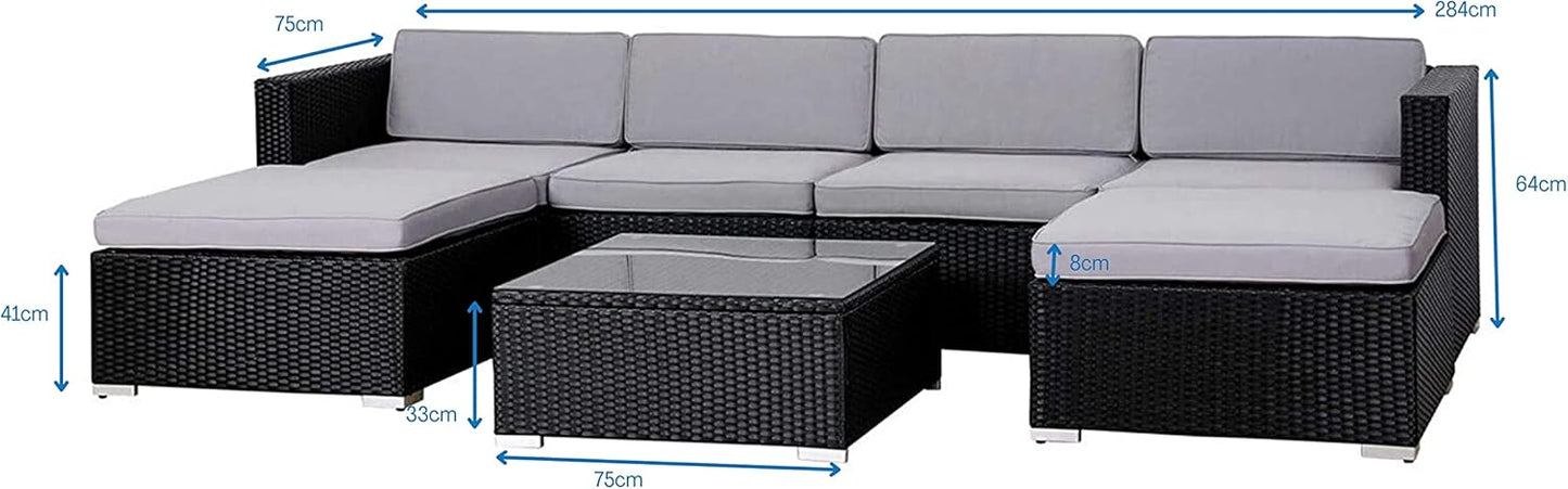 6 Seater Black Rattan Garden Corner Sofa Set with Coffee Table & Cushions – Outdoor Modular Lounge Set – Nevado™