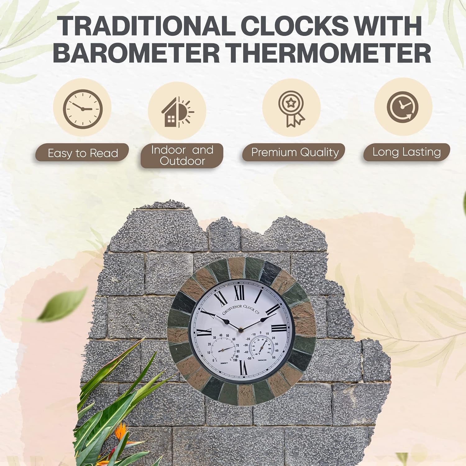 SLATE EFFECT GARDEN WALL CLOCK & THERMOMETER & HUMIDITY INDOOR OUTDOOR
