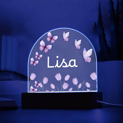 Personalized Butterfly Acrylic Plaque with LED Base, Pink Floral Name Sign, Lisa Gift for Her, Bedroom and Home Decor Display Light