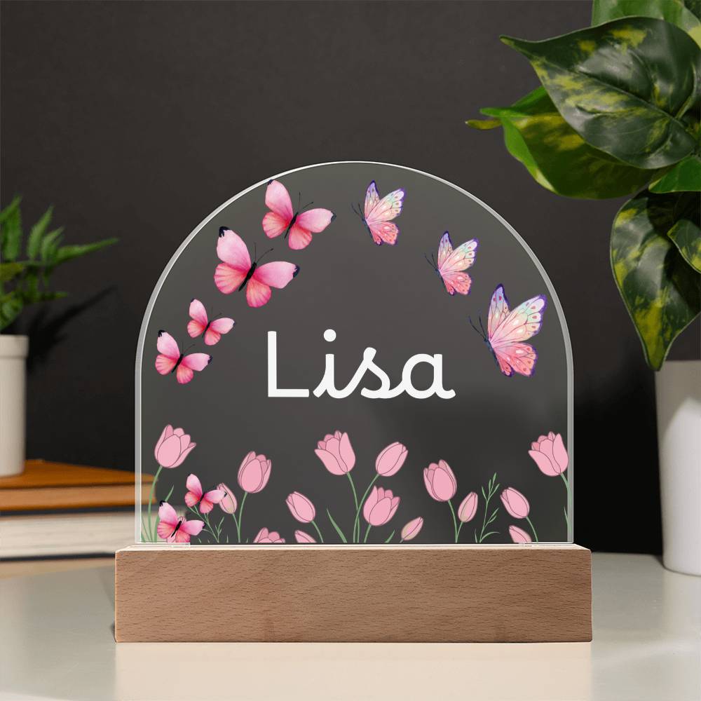 Personalized Butterfly Acrylic Plaque with LED Base, Pink Floral Name Sign, Lisa Gift for Her, Bedroom and Home Decor Display Light
