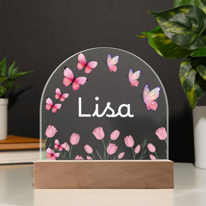 Personalized Butterfly Acrylic Plaque with LED Base, Pink Floral Name Sign, Lisa Gift for Her, Bedroom and Home Decor Display Light
