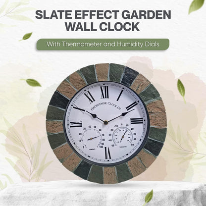 SLATE EFFECT GARDEN WALL CLOCK & THERMOMETER & HUMIDITY INDOOR OUTDOOR