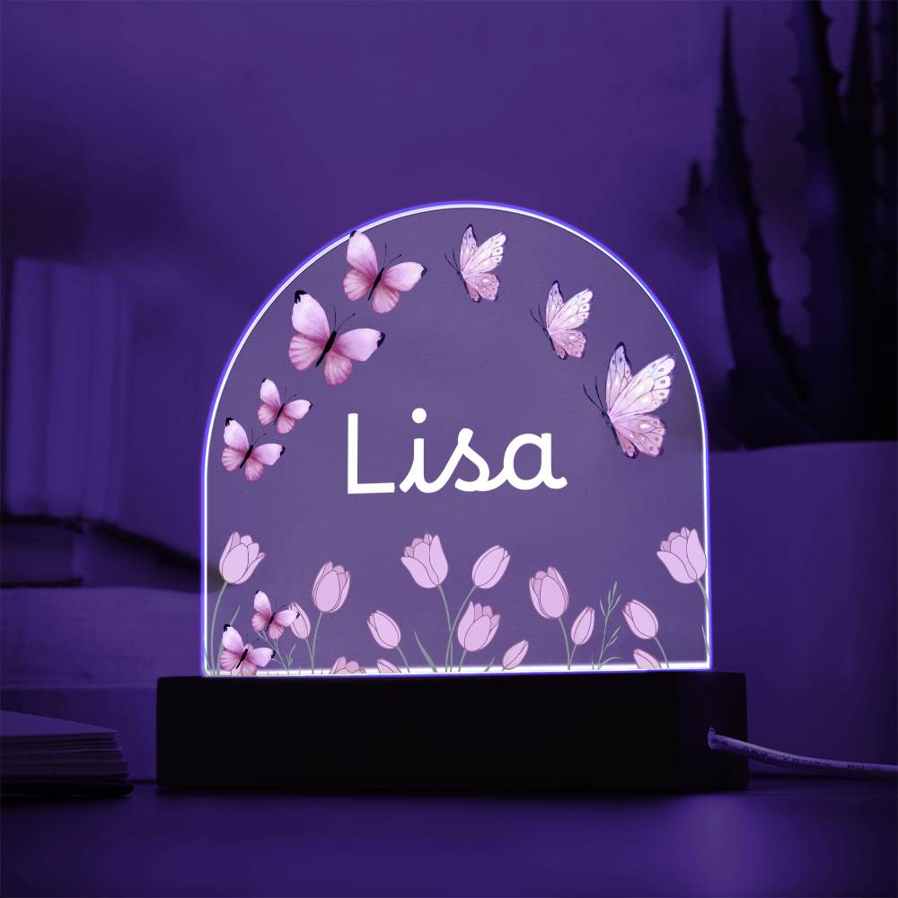 Personalized Butterfly Acrylic Plaque with LED Base, Pink Floral Name Sign, Lisa Gift for Her, Bedroom and Home Decor Display Light