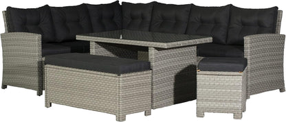 10 Seater Rattan Garden Dining Set with Cushions & Glass Table – Grey Outdoor Corner Sofa Set for Patio or Conservatory 