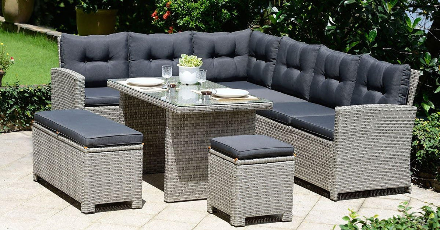 10 Seater Rattan Garden Dining Set with Cushions & Glass Table – Grey Outdoor Corner Sofa Set for Patio or Conservatory 