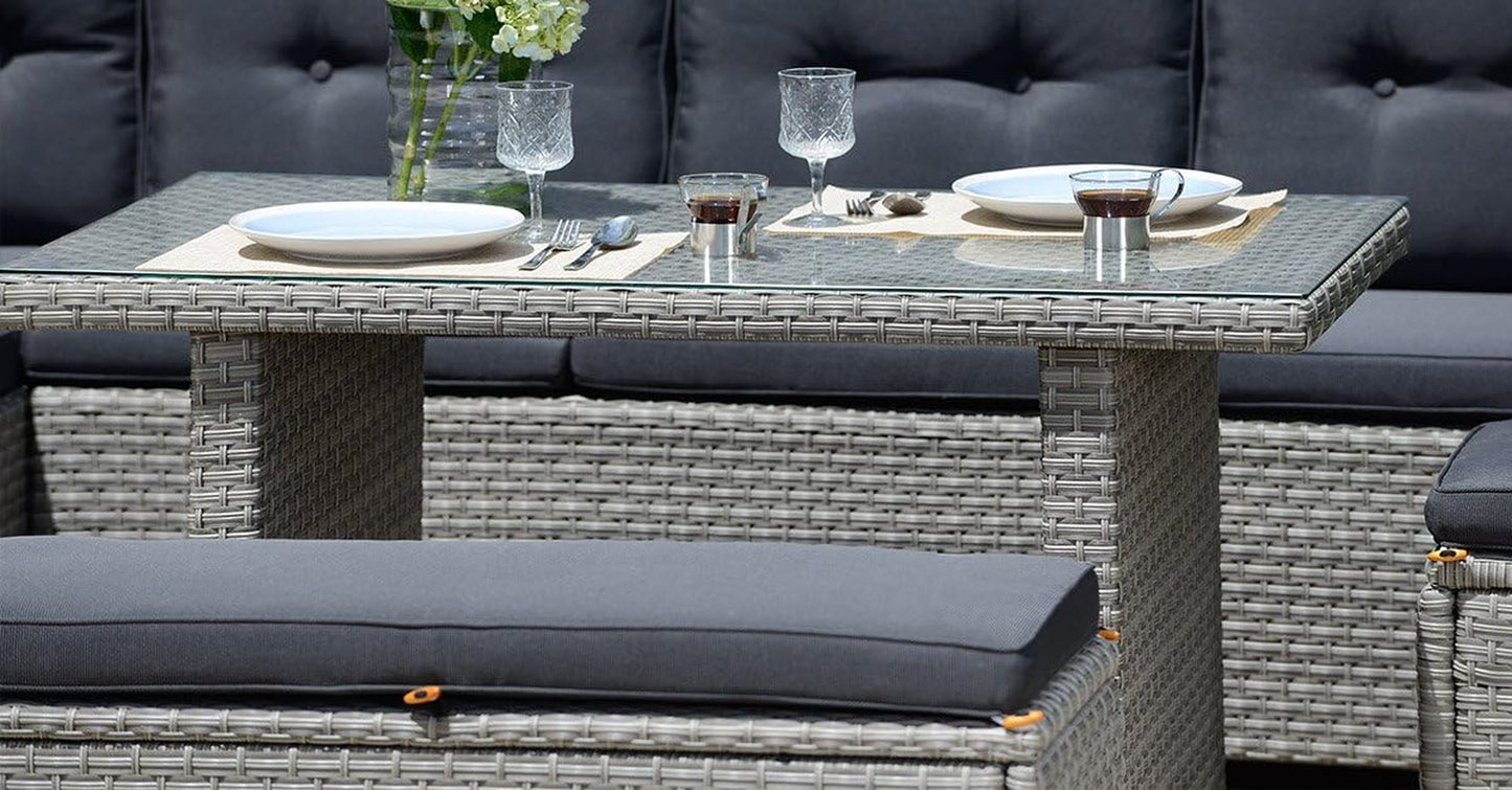 10 Seater Rattan Garden Dining Set with Cushions & Glass Table – Grey Outdoor Corner Sofa Set for Patio or Conservatory 