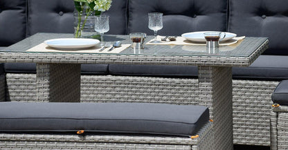 10 Seater Rattan Garden Dining Set with Cushions & Glass Table – Grey Outdoor Corner Sofa Set for Patio or Conservatory 