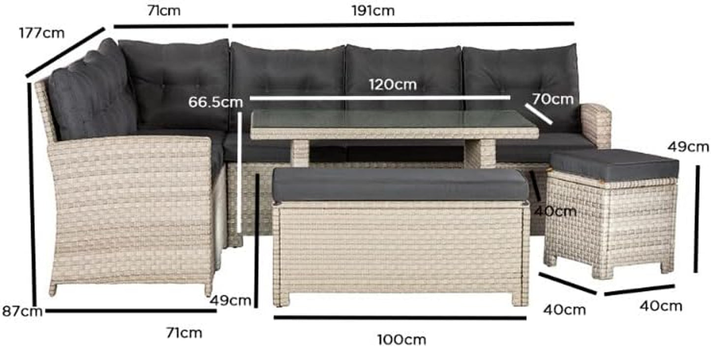 Luxury 10 Seater Casual Dining Rattan Garden Set with Cushions, Grey/Brown, 191 X 177 X 87 Cm
