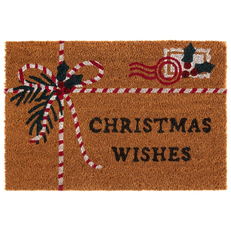 Festive Christmas doormat with 'Christmas Wishes' text and decorative candy cane ribbon design.