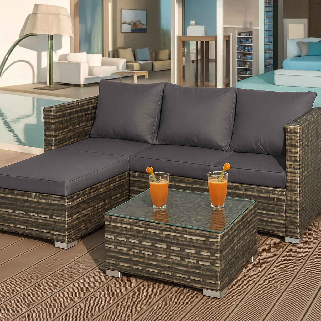 4 Seater L-Shaped Rattan Garden Corner Sofa Set with Glass Coffee Table & Cushions – Indoor Outdoor Patio Furniture – Novaro™