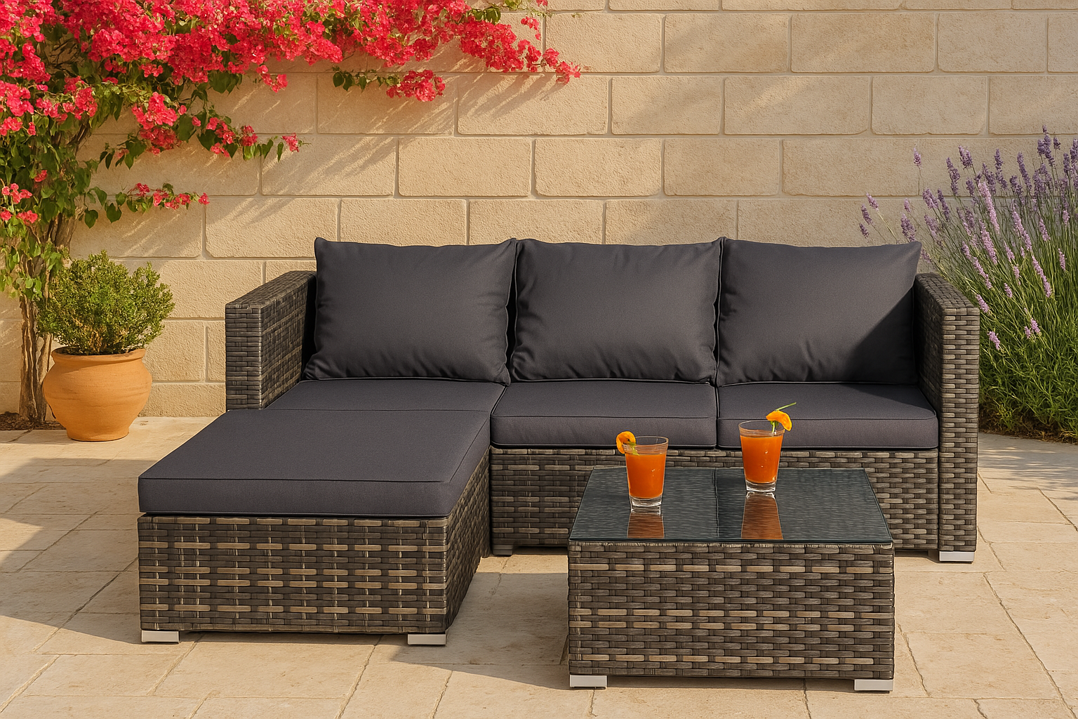 4 Seater L-Shaped Rattan Garden Corner Sofa Set with Glass Coffee Table & Cushions – Indoor Outdoor Patio Furniture – Novaro™