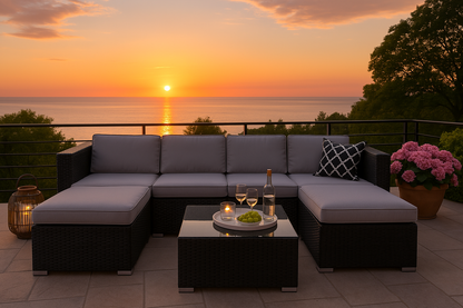 6 Seater Black Rattan Garden Corner Sofa Set with Coffee Table & Cushions – Outdoor Modular Lounge Set – Nevado™