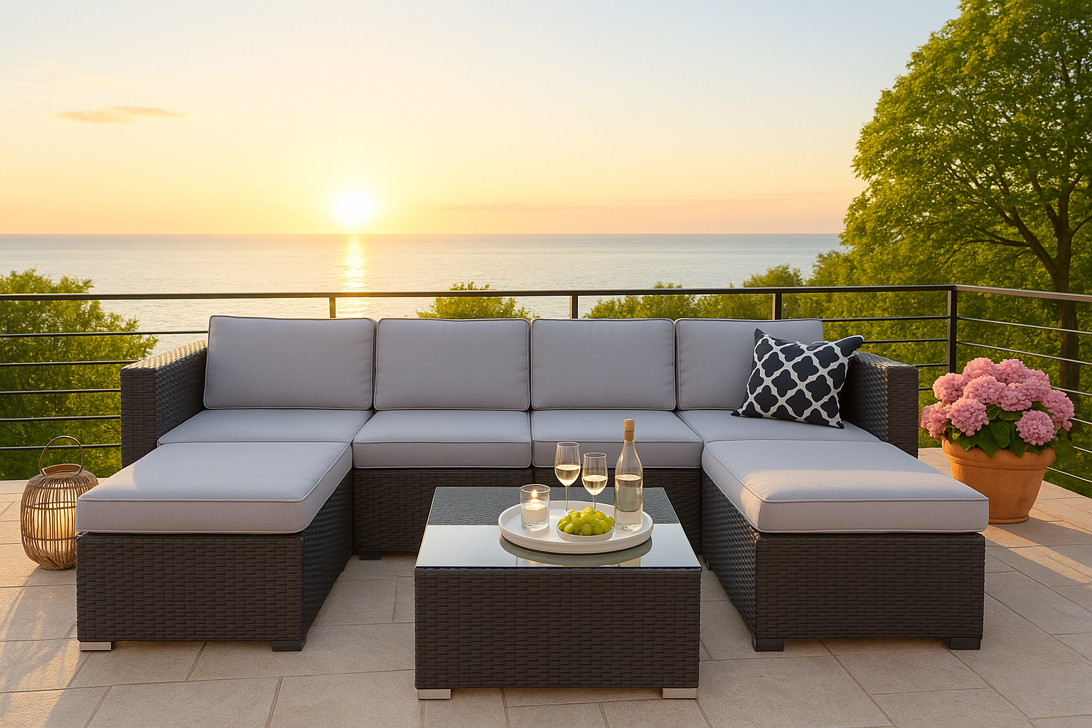 6 Seater Black Rattan Garden Corner Sofa Set with Coffee Table & Cushions – Outdoor Modular Lounge Set – Nevado™