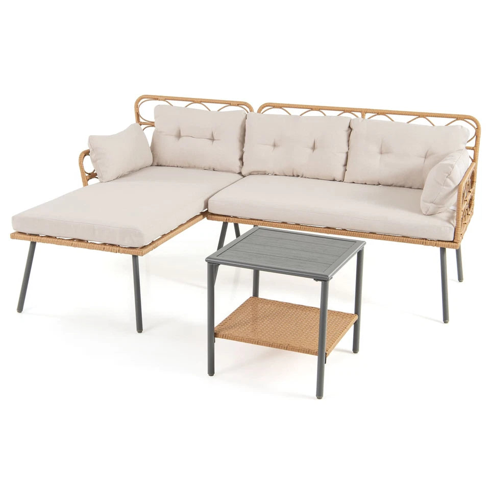 3 Piece L-Shaped Beige Rattan Garden Corner Sofa Set with Cushions & Coffee Table – Outdoor Patio Lounge Furniture – Solvanna™
