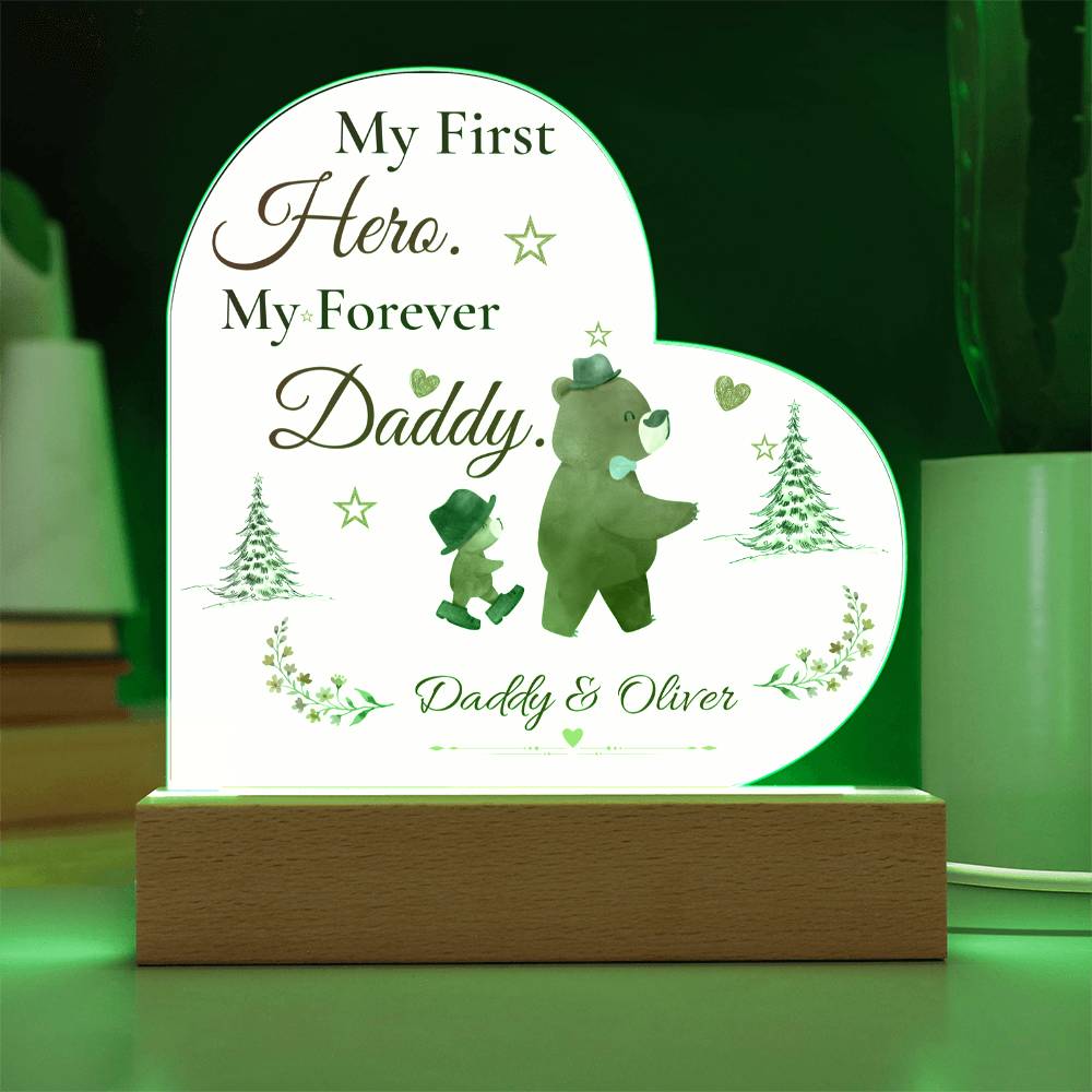 My First Hero My Forever Daddy Heart Plaque, Dad and Son Gift, Father’s Day Keepsake, Bear Design LED Acrylic Memorial Decor for Dad