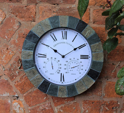 SLATE EFFECT GARDEN WALL CLOCK & THERMOMETER & HUMIDITY INDOOR OUTDOOR
