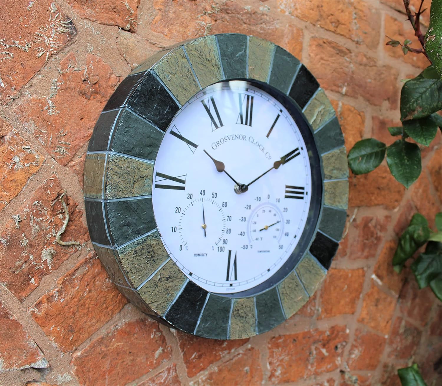SLATE EFFECT GARDEN WALL CLOCK & THERMOMETER & HUMIDITY INDOOR OUTDOOR