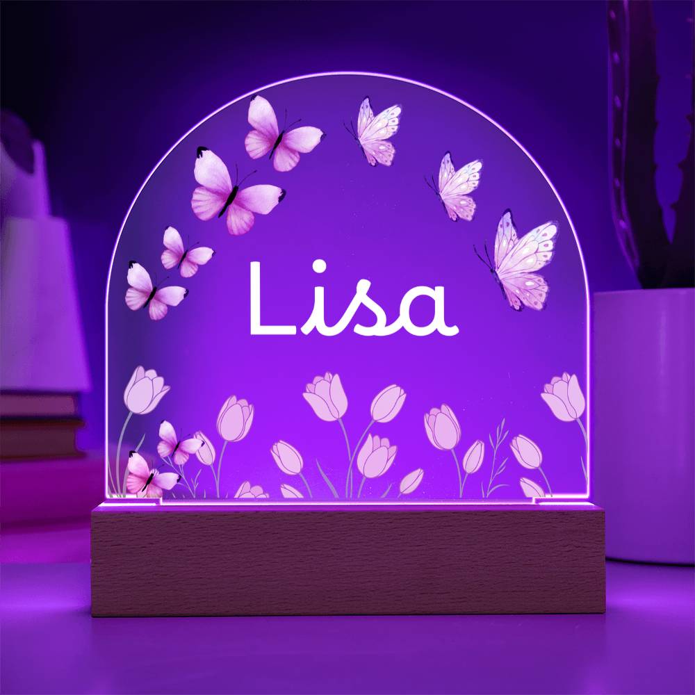 Personalized Butterfly Acrylic Plaque with LED Base, Pink Floral Name Sign, Lisa Gift for Her, Bedroom and Home Decor Display Light