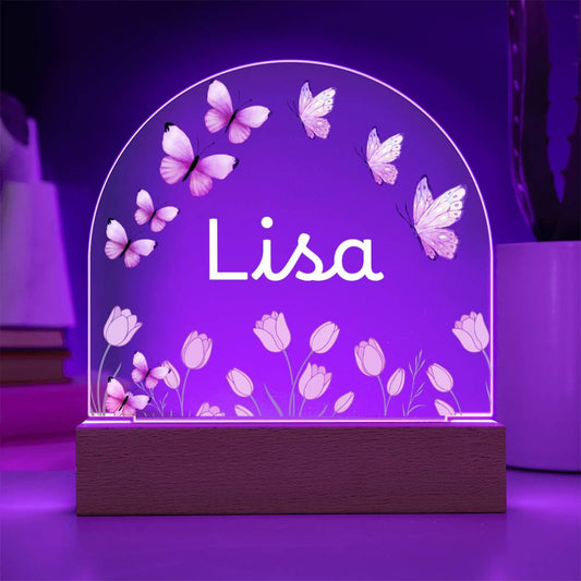Personalized Butterfly Acrylic Plaque with LED Base, Pink Floral Name Sign, Lisa Gift for Her, Bedroom and Home Decor Display Light