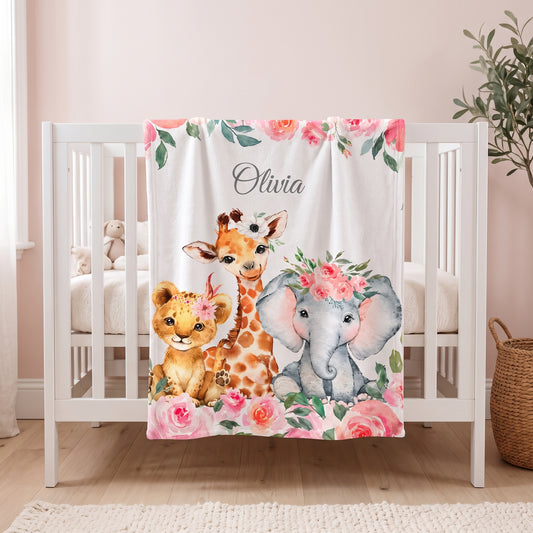 Personalized Safari Animals Baby Blanket with Floral Design