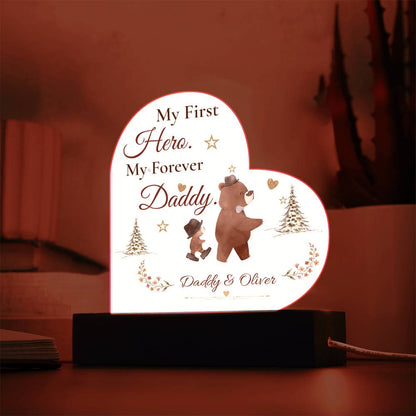 My First Hero My Forever Daddy Heart Plaque, Dad and Son Gift, Father’s Day Keepsake, Bear Design LED Acrylic Memorial Decor for Dad