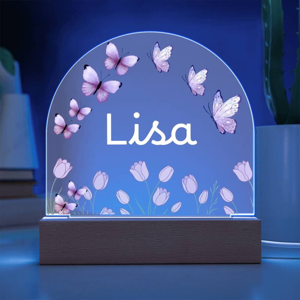 Personalized Butterfly Acrylic Plaque with LED Base, Pink Floral Name Sign, Lisa Gift for Her, Bedroom and Home Decor Display Light
