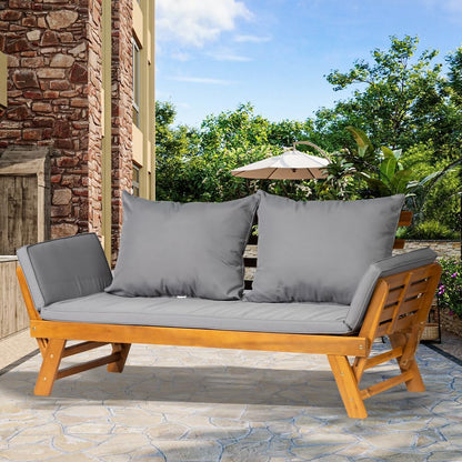Acacia Wood Convertible Couch Sofa Bed with Adjustable Armrest Folding Daybed Collapsible Chaise Lounge with Cushion Pillow Outdoor Loveseat for Garden Patio Poolside (Grey)