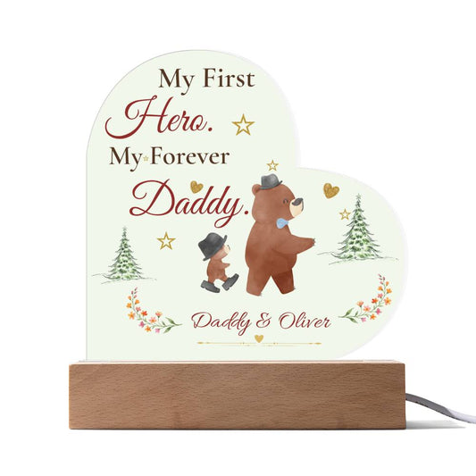 My First Hero My Forever Daddy Heart Plaque, Dad and Son Gift, Father’s Day Keepsake, Bear Design LED Acrylic Memorial Decor for Dad