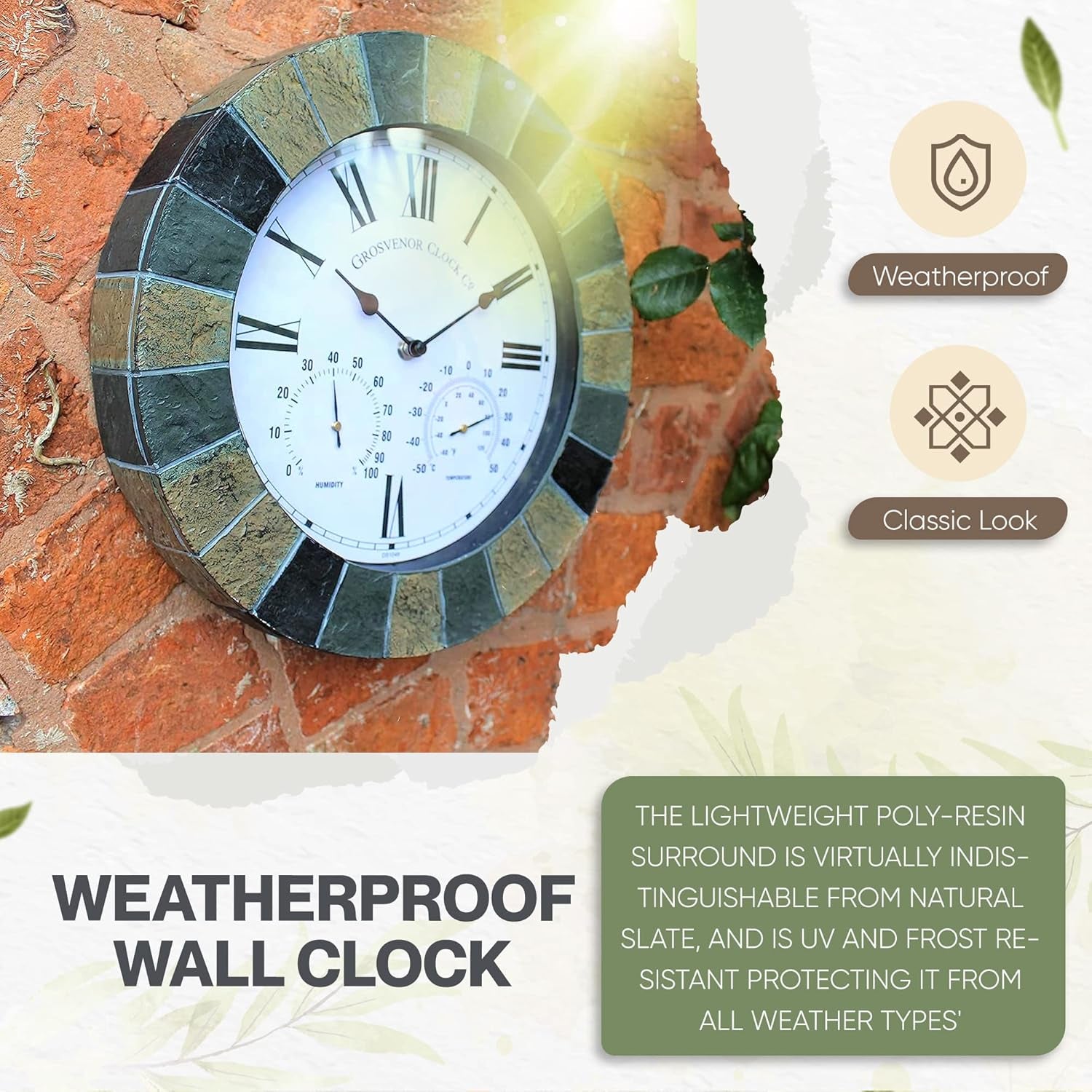 SLATE EFFECT GARDEN WALL CLOCK & THERMOMETER & HUMIDITY INDOOR OUTDOOR