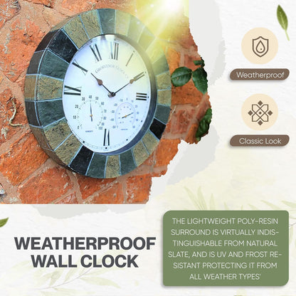 SLATE EFFECT GARDEN WALL CLOCK & THERMOMETER & HUMIDITY INDOOR OUTDOOR