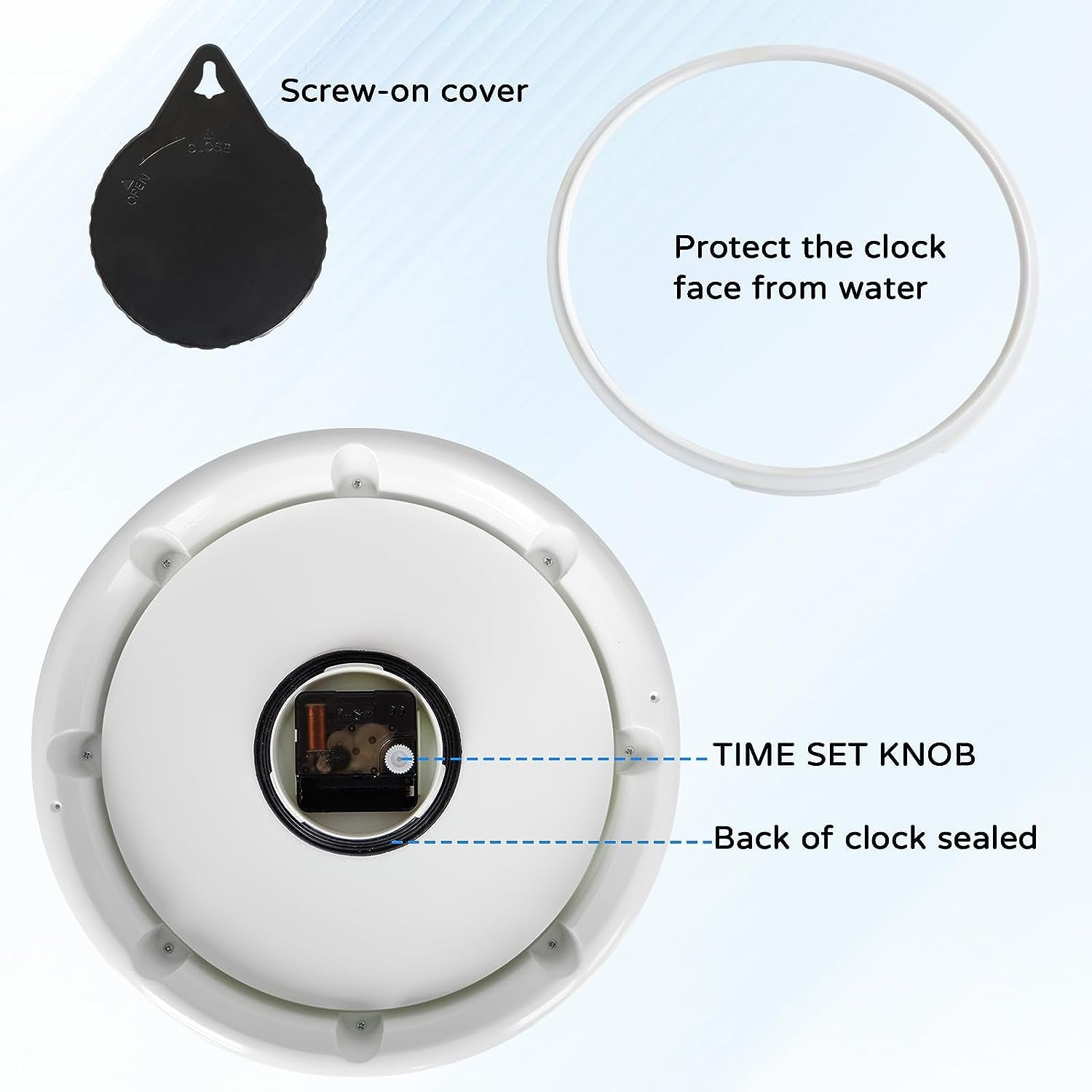 Sealed Waterproof Garden Wall Clock, 12 Inch Large Indoor Outdoor Clocks, Silent Non-Ticking Battery Operated Quartz round for Patio, Pool, Lanai, Fence, Kitchen, Bathroom (White)