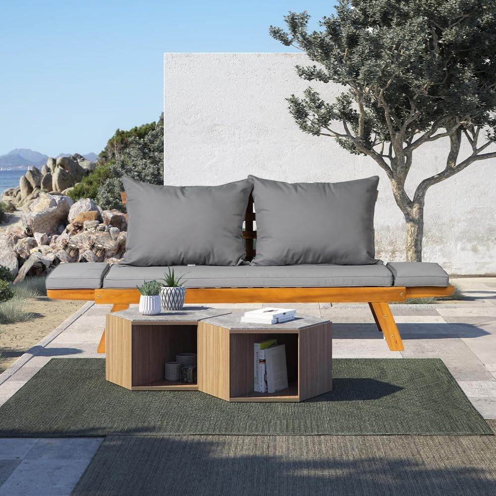 Acacia Wood Convertible Couch Sofa Bed with Adjustable Armrest Folding Daybed Collapsible Chaise Lounge with Cushion Pillow Outdoor Loveseat for Garden Patio Poolside (Grey)