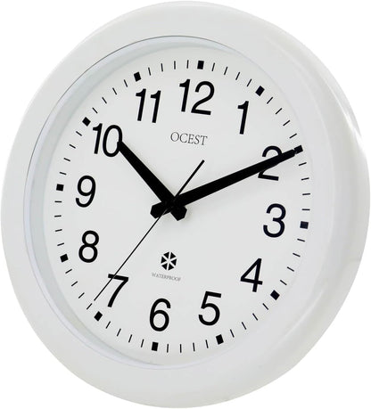 Sealed Waterproof Garden Wall Clock, 12 Inch Large Indoor Outdoor Clocks, Silent Non-Ticking Battery Operated Quartz round for Patio, Pool, Lanai, Fence, Kitchen, Bathroom (White)